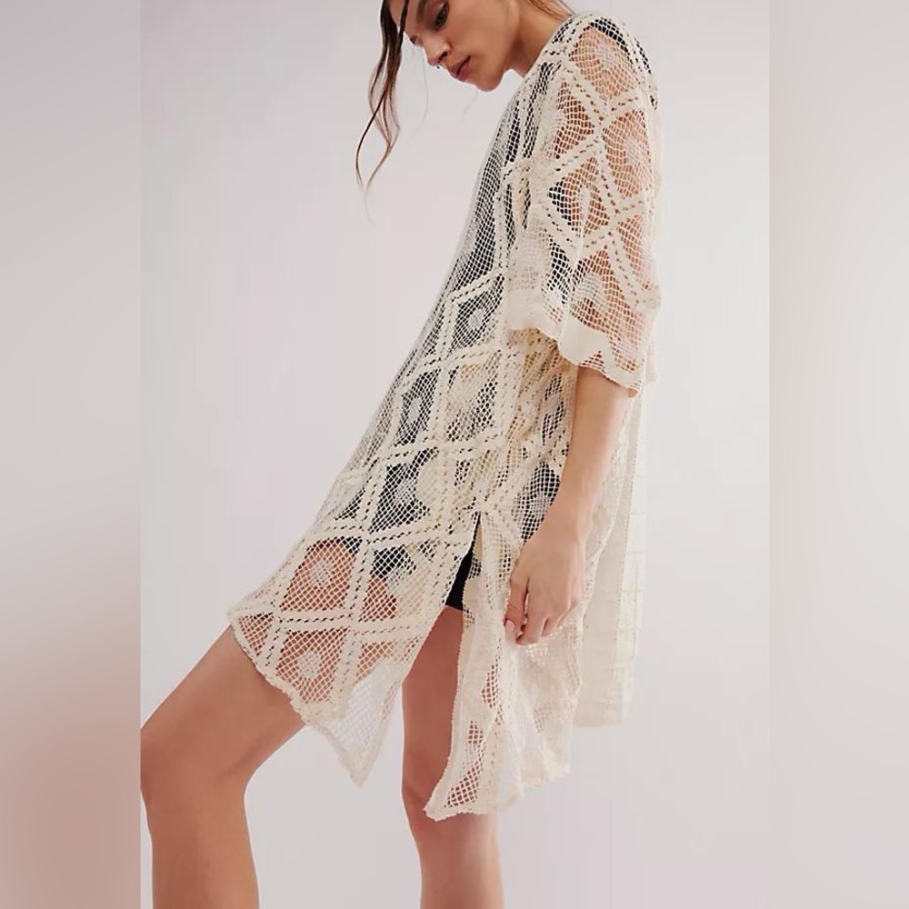 Free People Sunshine Crochet Kaftan Cream Crochet Swim Cover-Up NWT